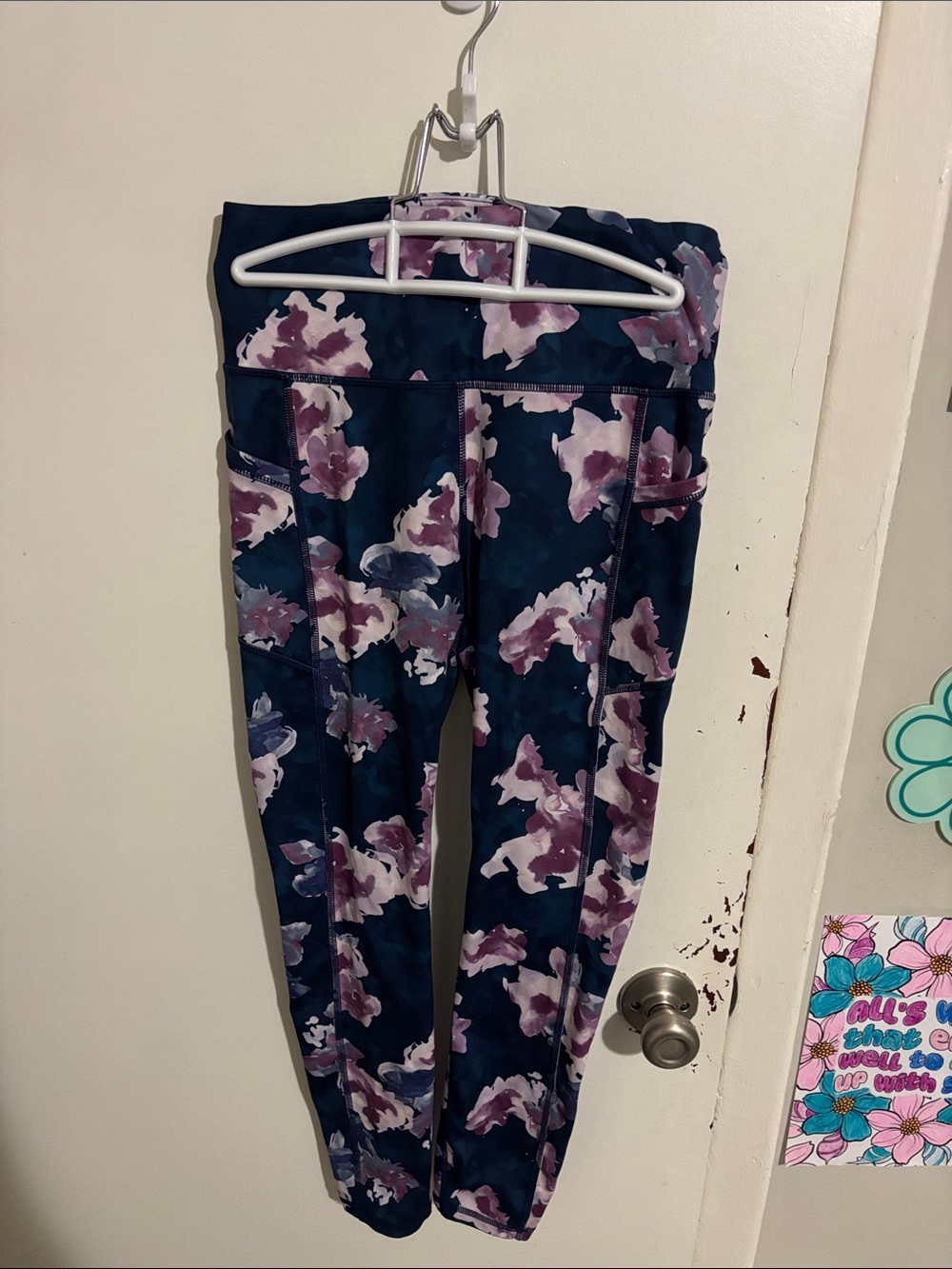 Women's S GAIAM Athletic Leggings Navy Blue Purple Floral